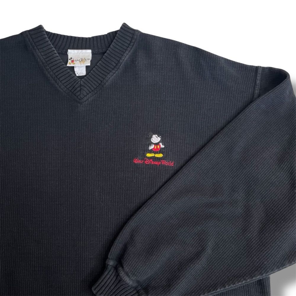 Vintage Walt Disney World Mickey Mouse Black Cotton Ribbed Heavy V Neck Men XL